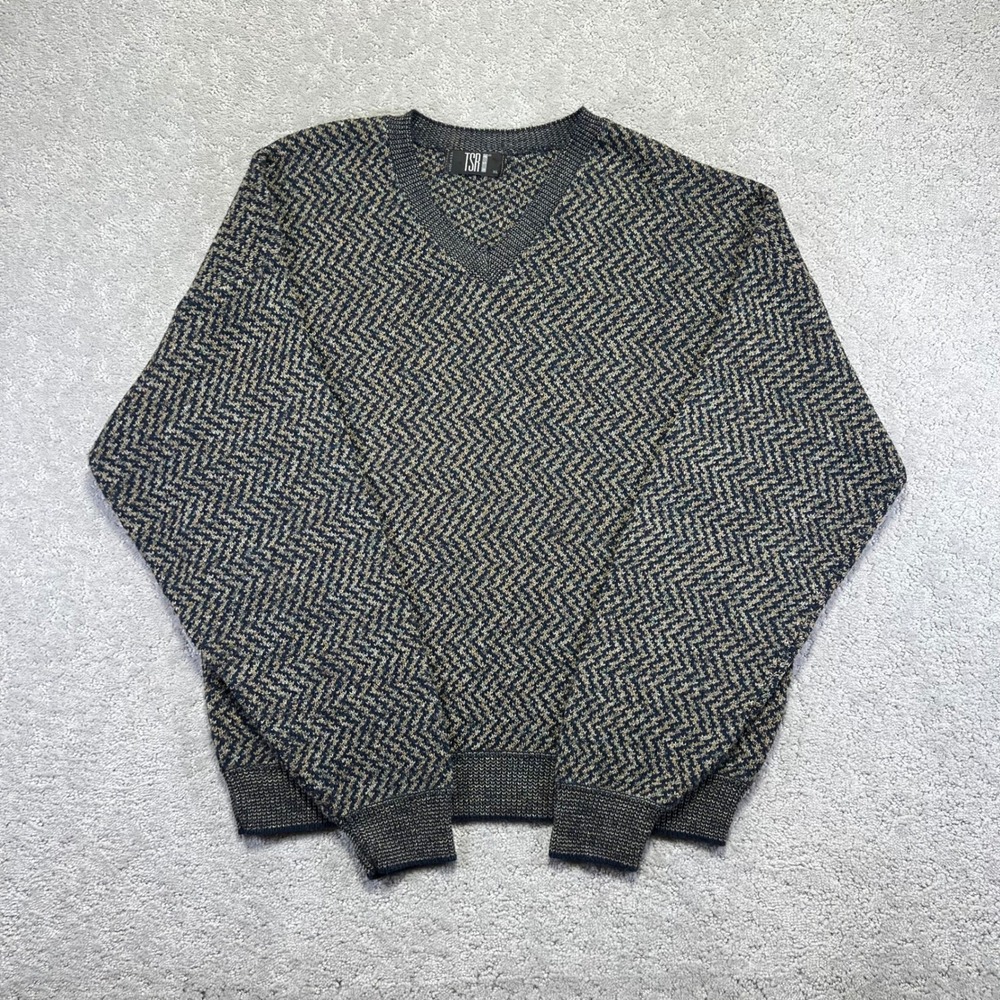 VINTAGE TSR Sweater Mens XL V-Neck Zigzag Textured Knit‎ Acrylic Cotton USA Made